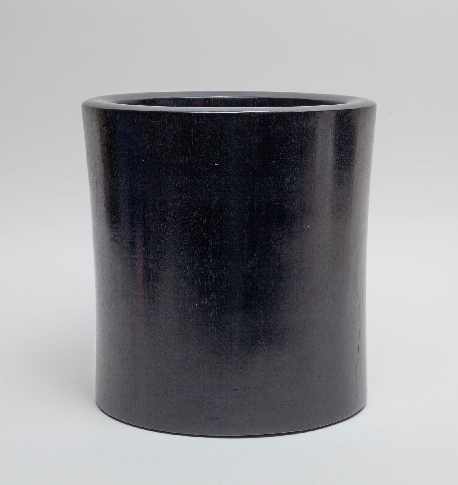 Chinese Hard Wood Brush Pot: Of cylindrical form, the bottom pierced with a circular aperture and set with a stopper. Approx. 7.7*7.3 inch.