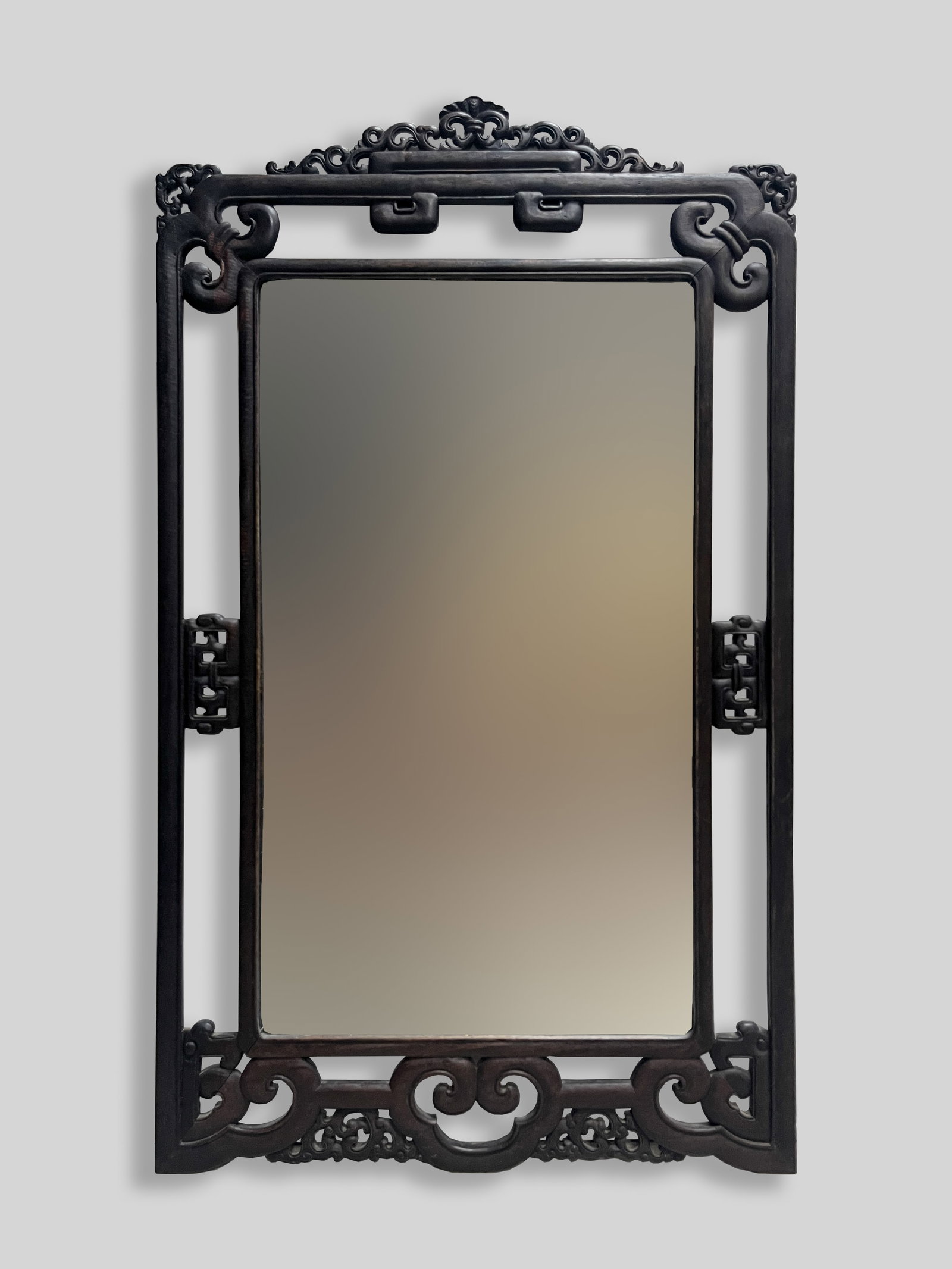 Chinese Export Wood Framed Mirror: Chinese hanging wood framed mirror. Approx. 30.7*18.2 inch (frame size).