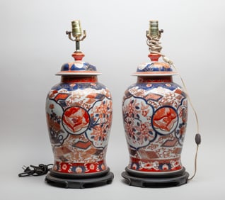 Pair Japanese Old Imari Porcelain Lamp