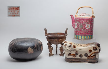 Chinese Metal Censer, Porcelains & Lacquer Box