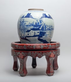 Large Chinese Porcelain Jar on Lacquer Stand