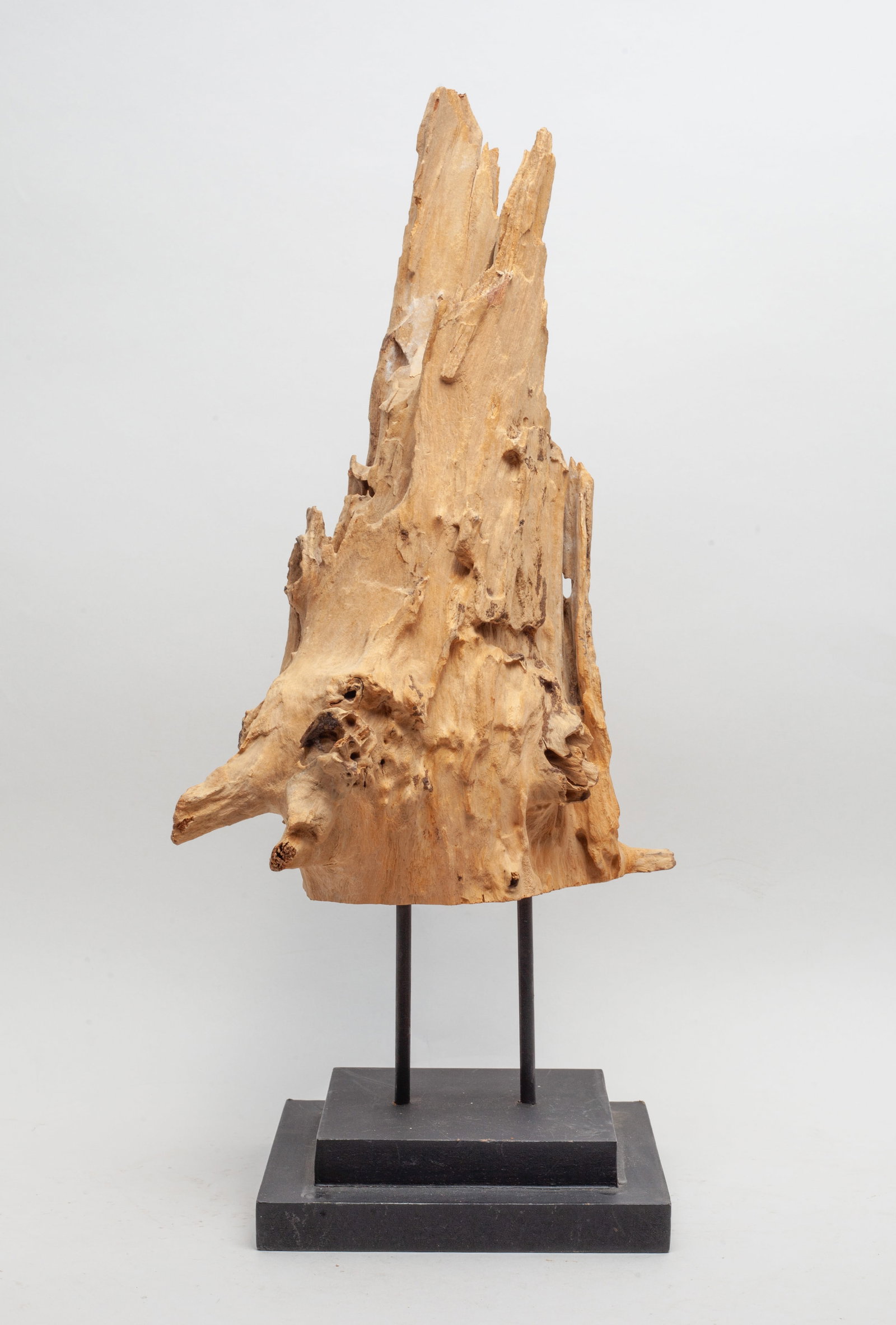 Mid-century Teak Wood Sculpture: Collectible teak wood table sculpture with a square base. Approx. 17*5.9*5.9 inch.