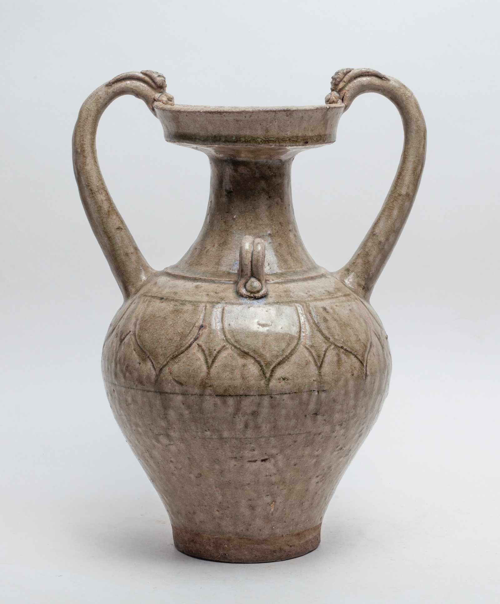 Chinese Yue Stoneware Vase: The tapered ovoid body rising to a waisted neck with a dished rim, flanked by a pair of beast form handles, covered the inside and out in mottled and crackled olive-green glaze. Approx. 11.4*8.3*6.7 i