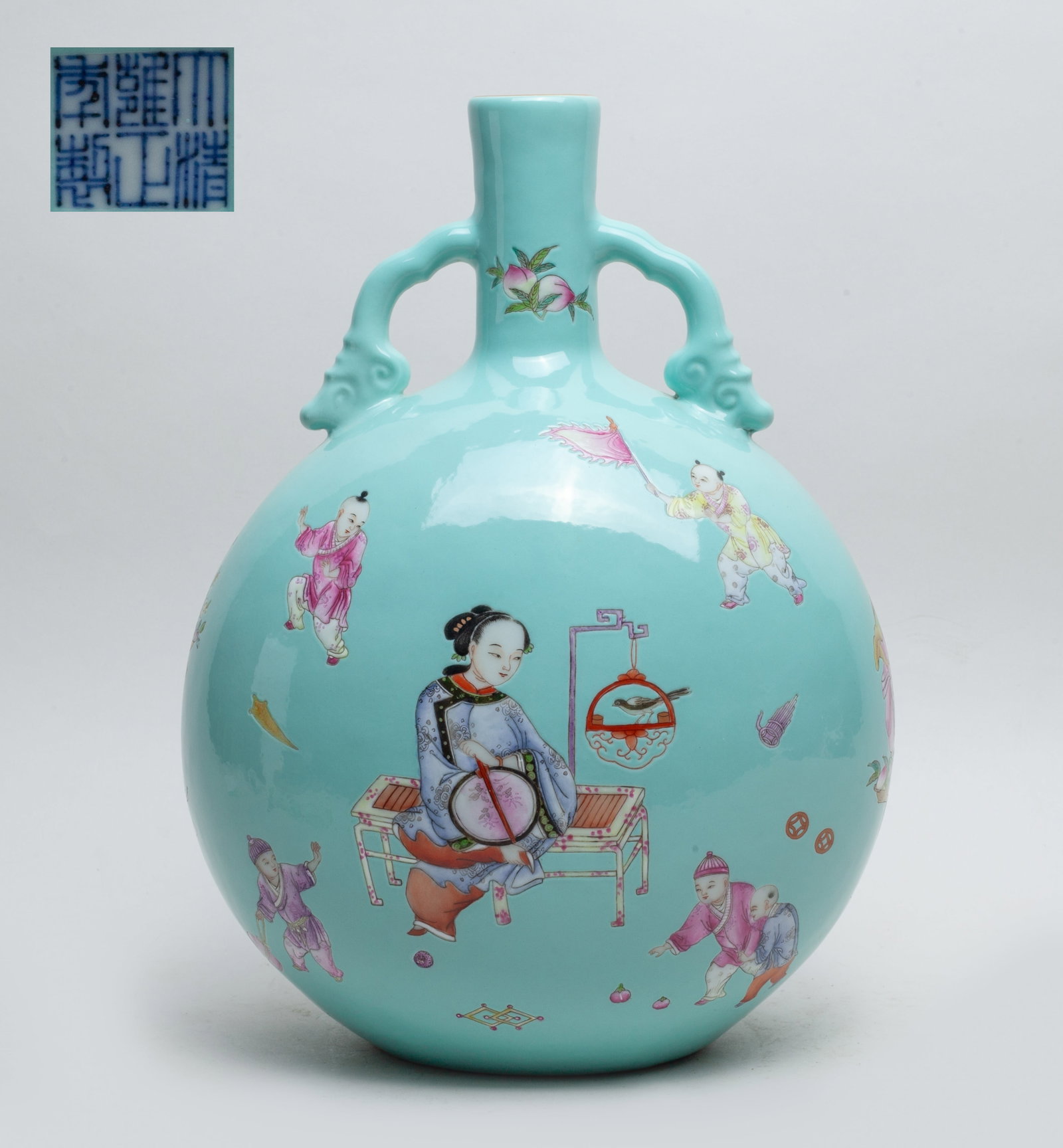 Large Chinese Famille Rose Porcelain Vase: Of ovoid form rising to a cylindrical neck with a pair of handles, the exterior enameled and painted with elegant ladies and playing boys on turquoise-glazed ground, the bottom inscribed with a six-ch