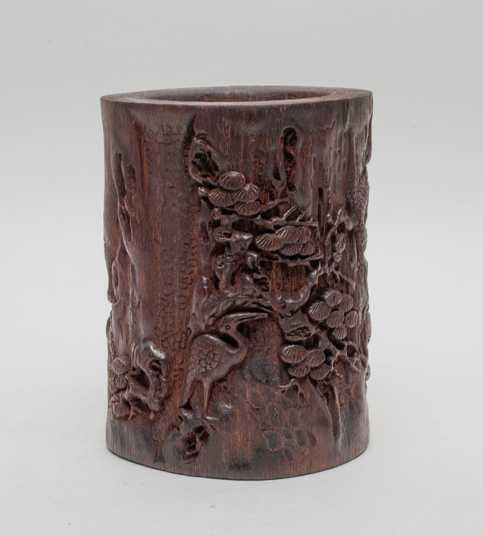 Chinese Bark of Agarwood Brush Pot: Chinese bark of agarwood brush pot carved with a pair of cranes and pine tree. Approx. 199 gram.