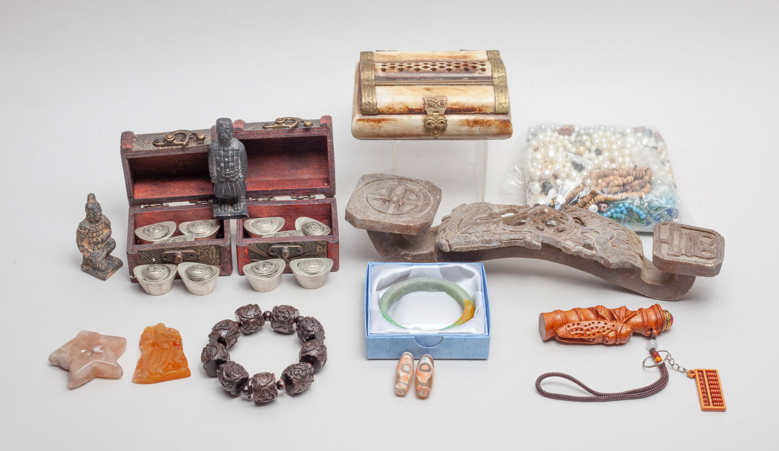Estate Chinese Beads, Stones & Decors: Collectible large set Chinese export jewelry & decors. including a large stone carved sculpture of Ruyi, a bone like box, two boxes of silver color toggles, a jade like bangle & set costume jewelry. S