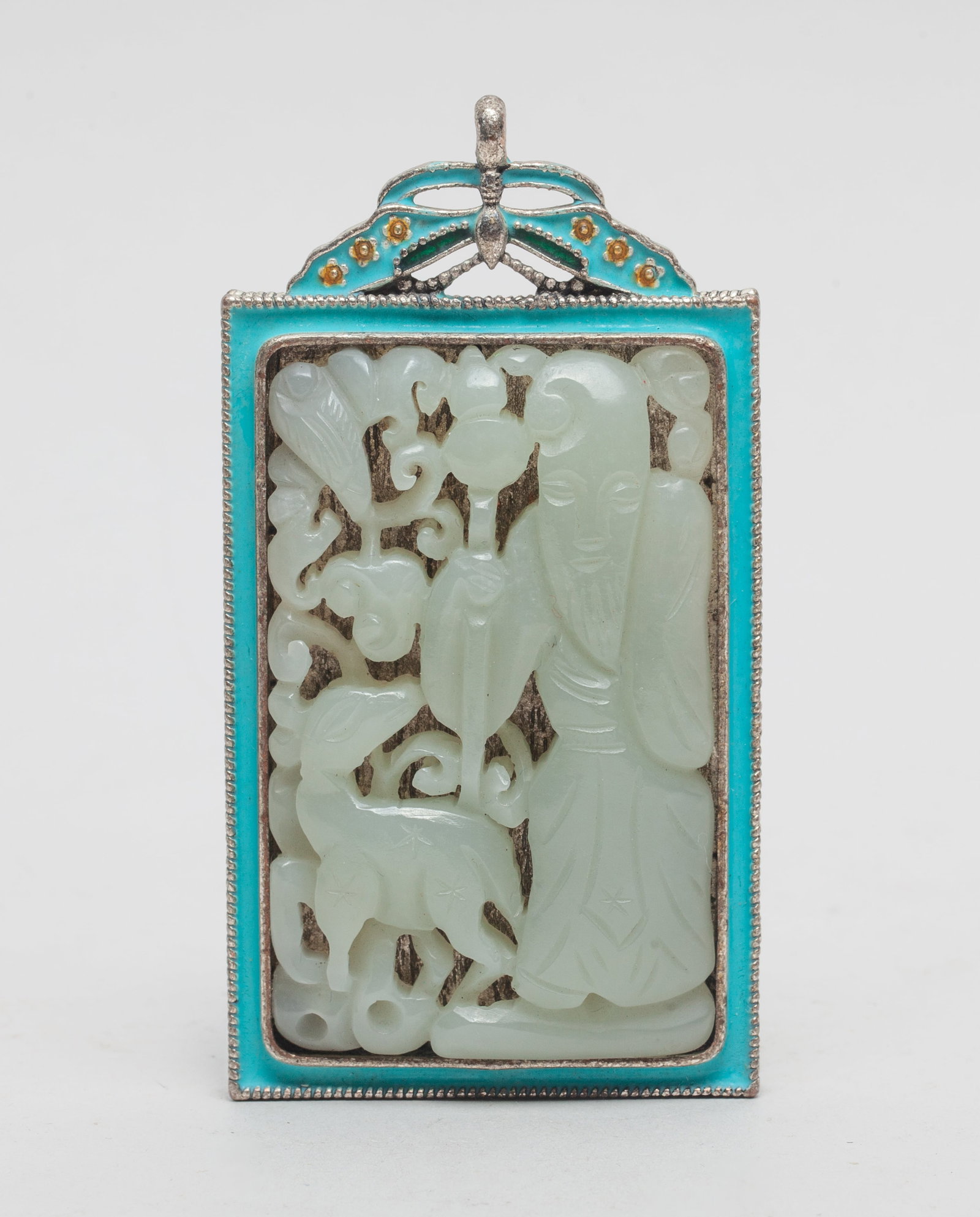 Chinese Enameled Pendant Inlaid Jade: Of rectangular form, carved in openwork with Shoulao and deer among lingzhi sprays, the reverse side enameled with bats surrounding four characters on turquoise-glazed ground. Approx. 3.3*1.9 inch.