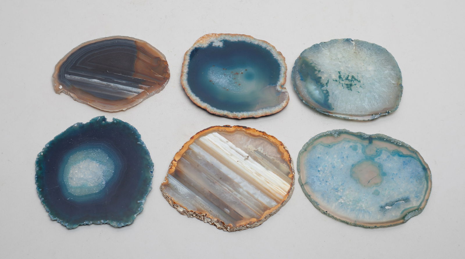 Vintage Cameo Agate Coasters: Set of 6 colored cameo agate carved coasters. Approx. 3.75*3.3 inch (largest).