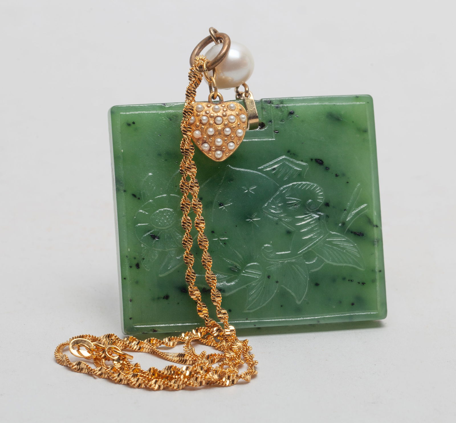 Chinese Spinach Jade Lock Pendant w/ Necklace (1 of 11)