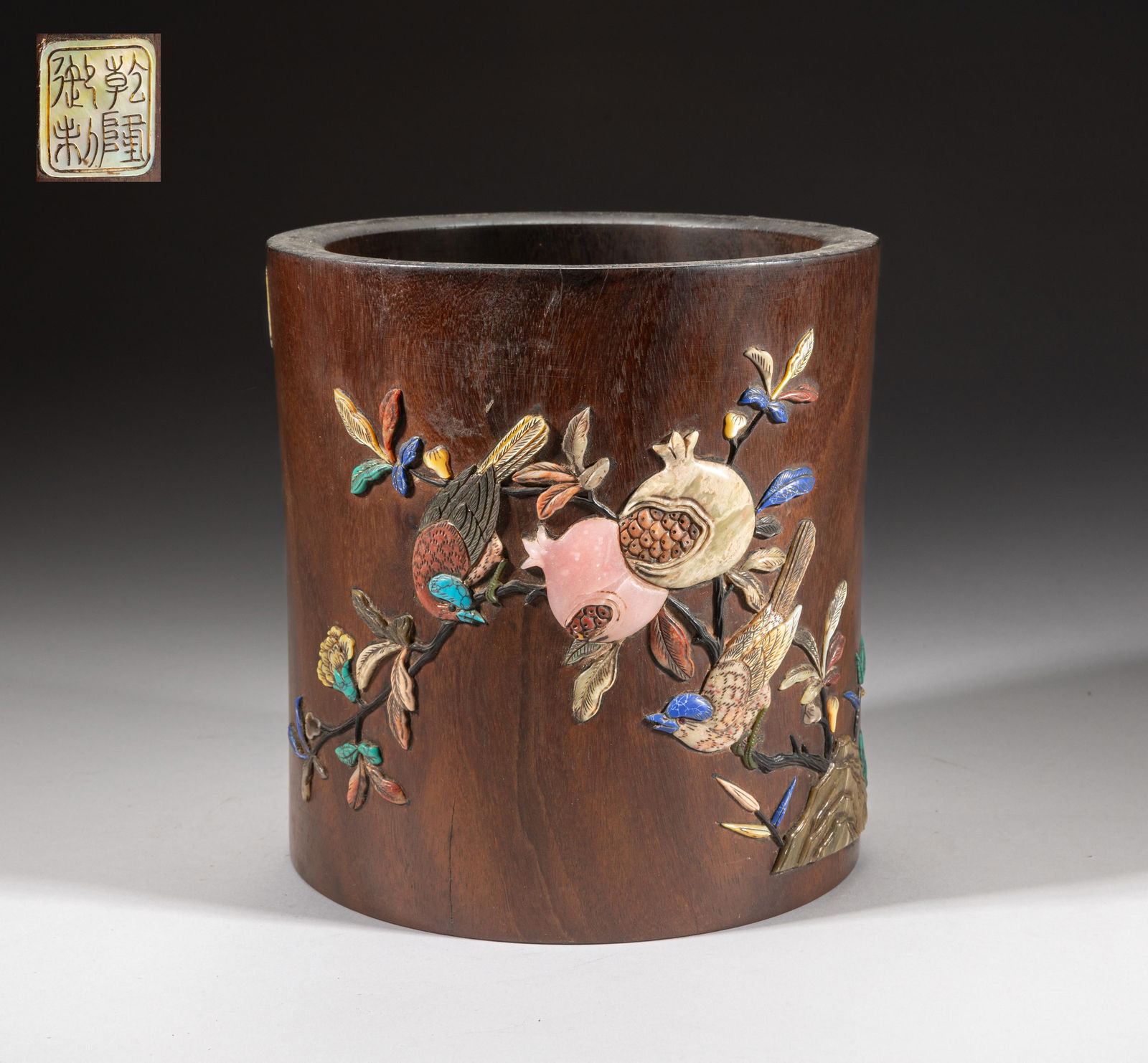 Chinese Wood Brush Pot Inlaid Gemstone (1 of 13)