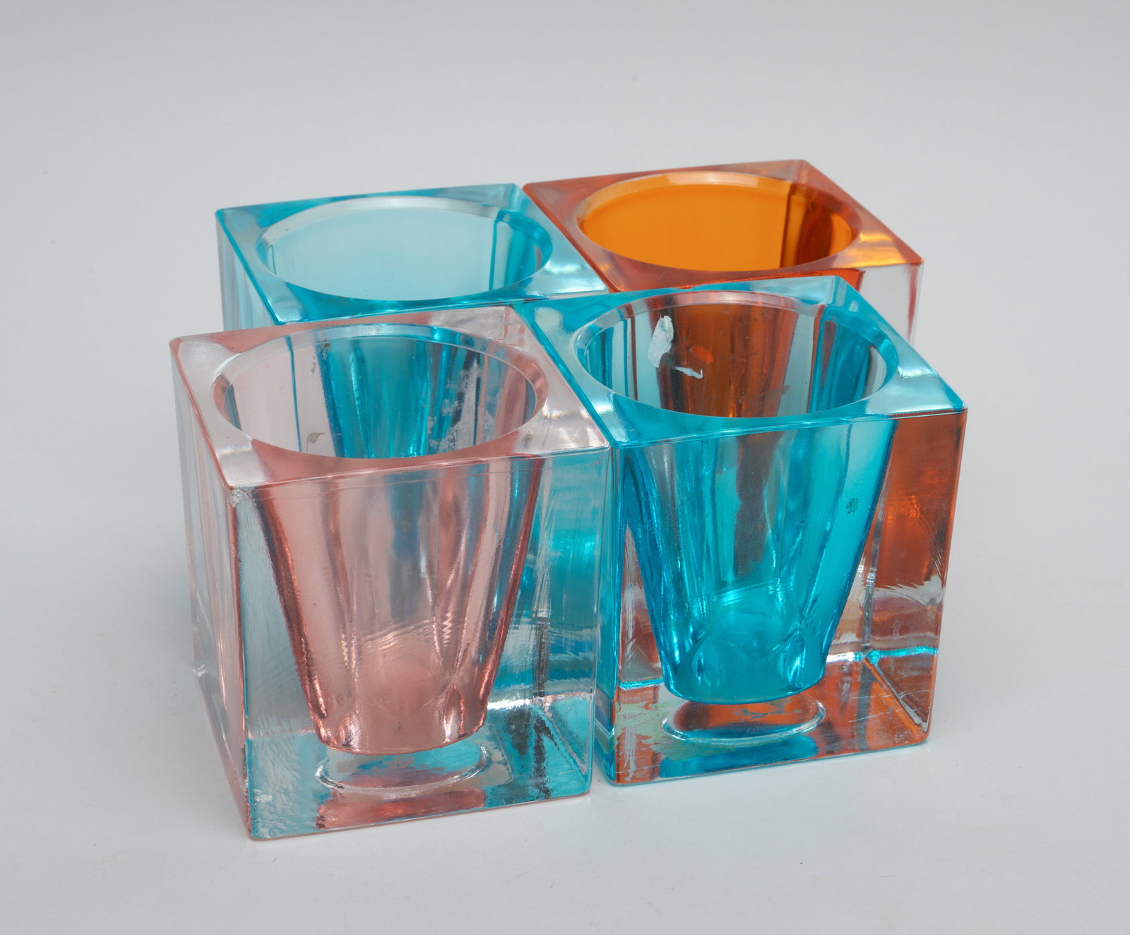 Vintage Seasons Art Glass Wine Cups: Set of four seasons art glass wine cups, of square section. Approx. 3*3*3.25 inch (each).