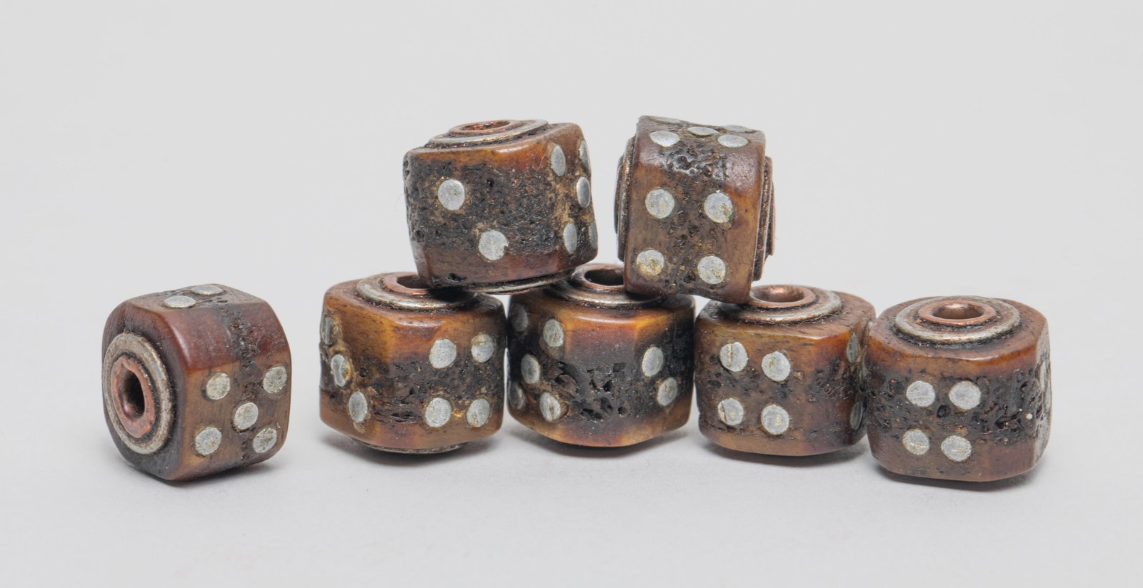 Chinese/ Tibetan Special Beads: Group of 7 Chinese / Tibetan bone and metal special beads. Size varies.