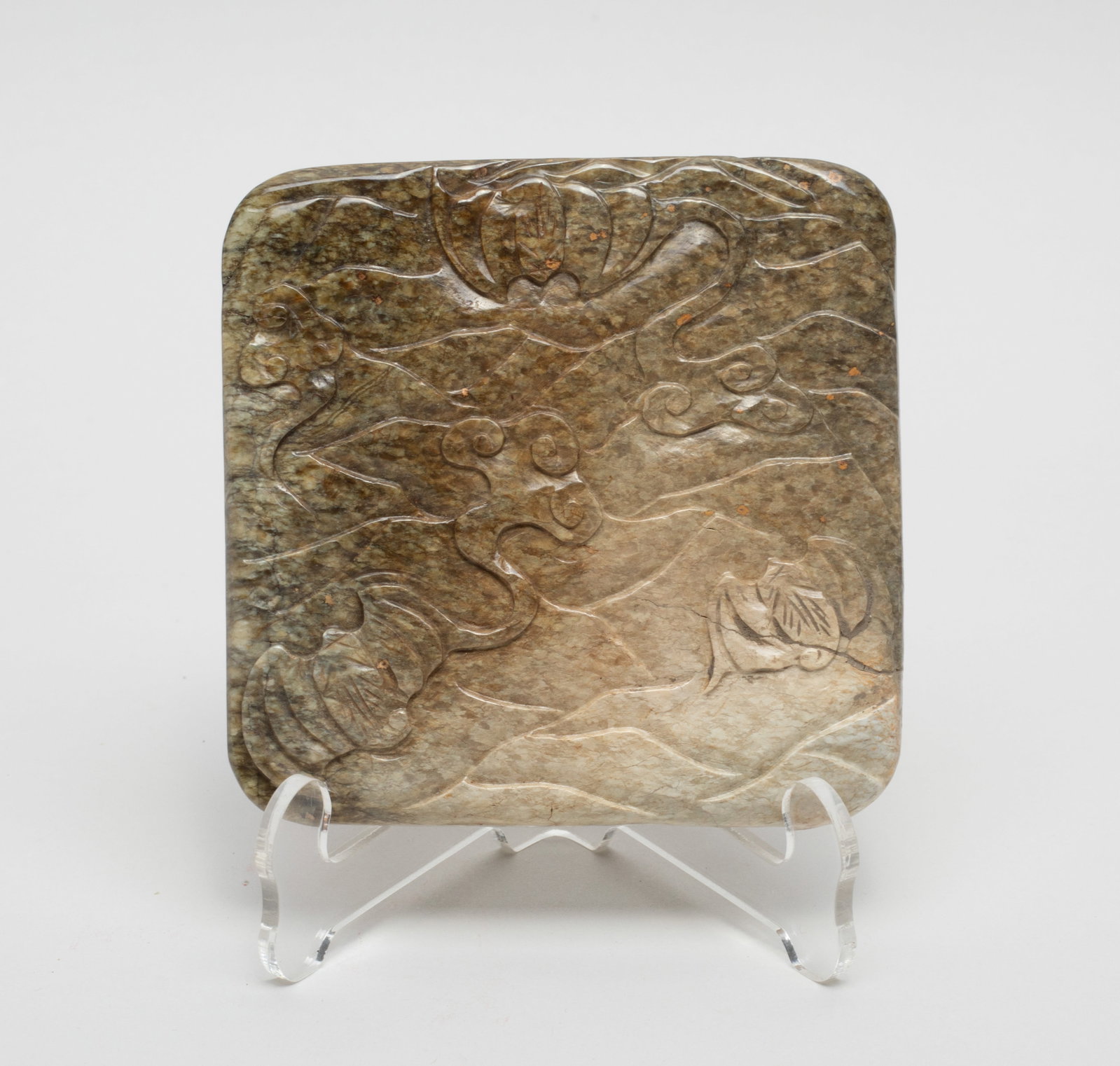 Chinese Ming Type Chicken Bone Jade Plaque: Of square section, one side carved with three bats among scrolling clouds. Approx. 3.35*3.35 inch.