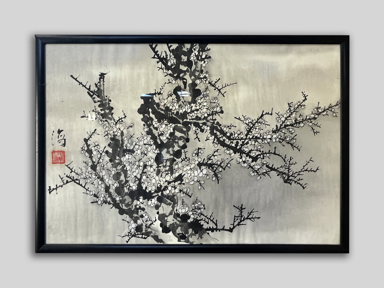 Chinese Export Ink on Paper Painting: Chinese ink on paper painting of plum blossom tree, framed. Approx. 34*24 inch (frame size).