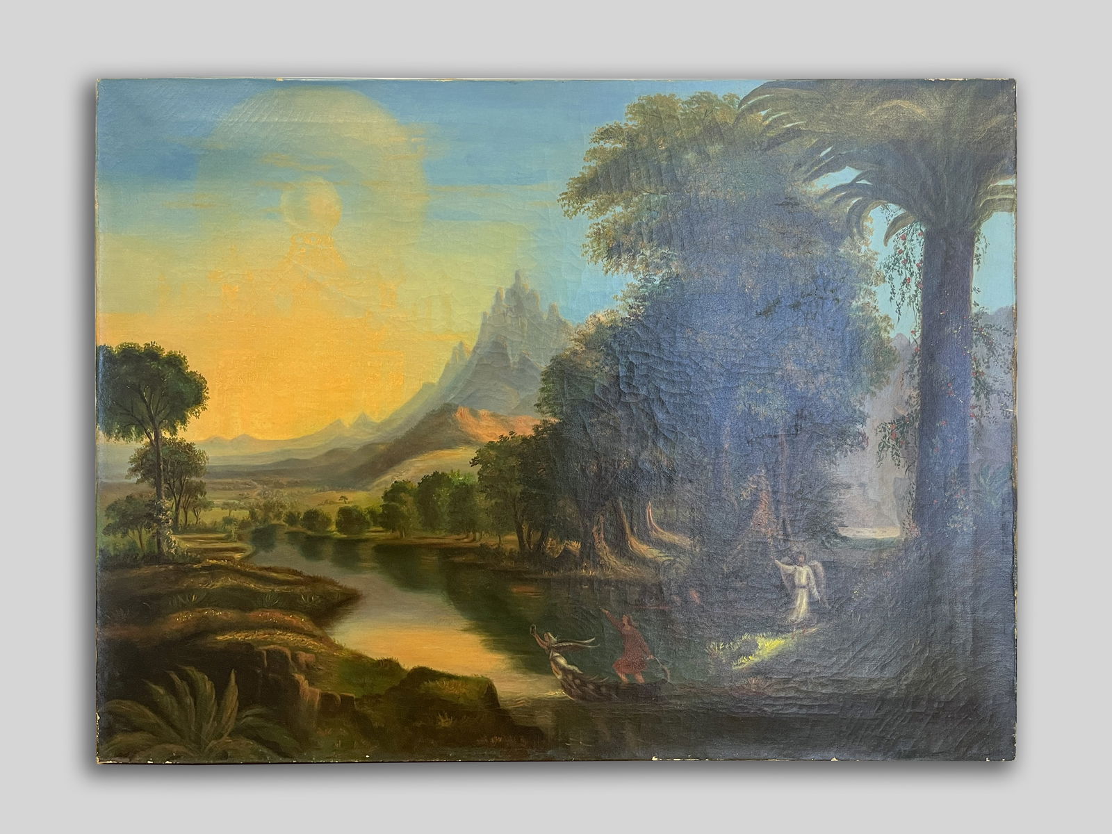 Voyages of Life Primitive Artist Spiritual Guide: "The Voyages of Life" (circa 1870) after Thomas Cole. Allegorical painting of angel guiding a person on the voyage of life. A hazy golden temple/heaven visible above the horizon in the distance. Oil o