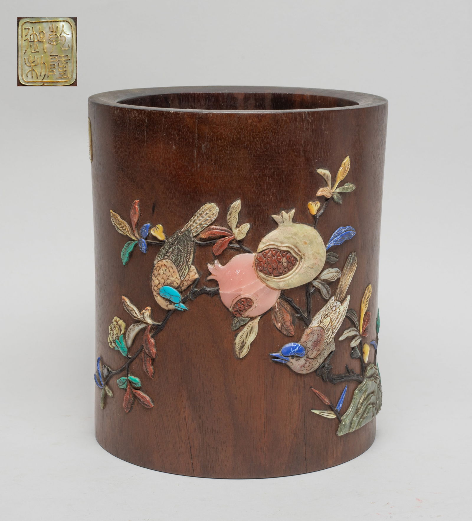 Chinese Wood Brush Pot Inlaid Gemstone (1 of 16)