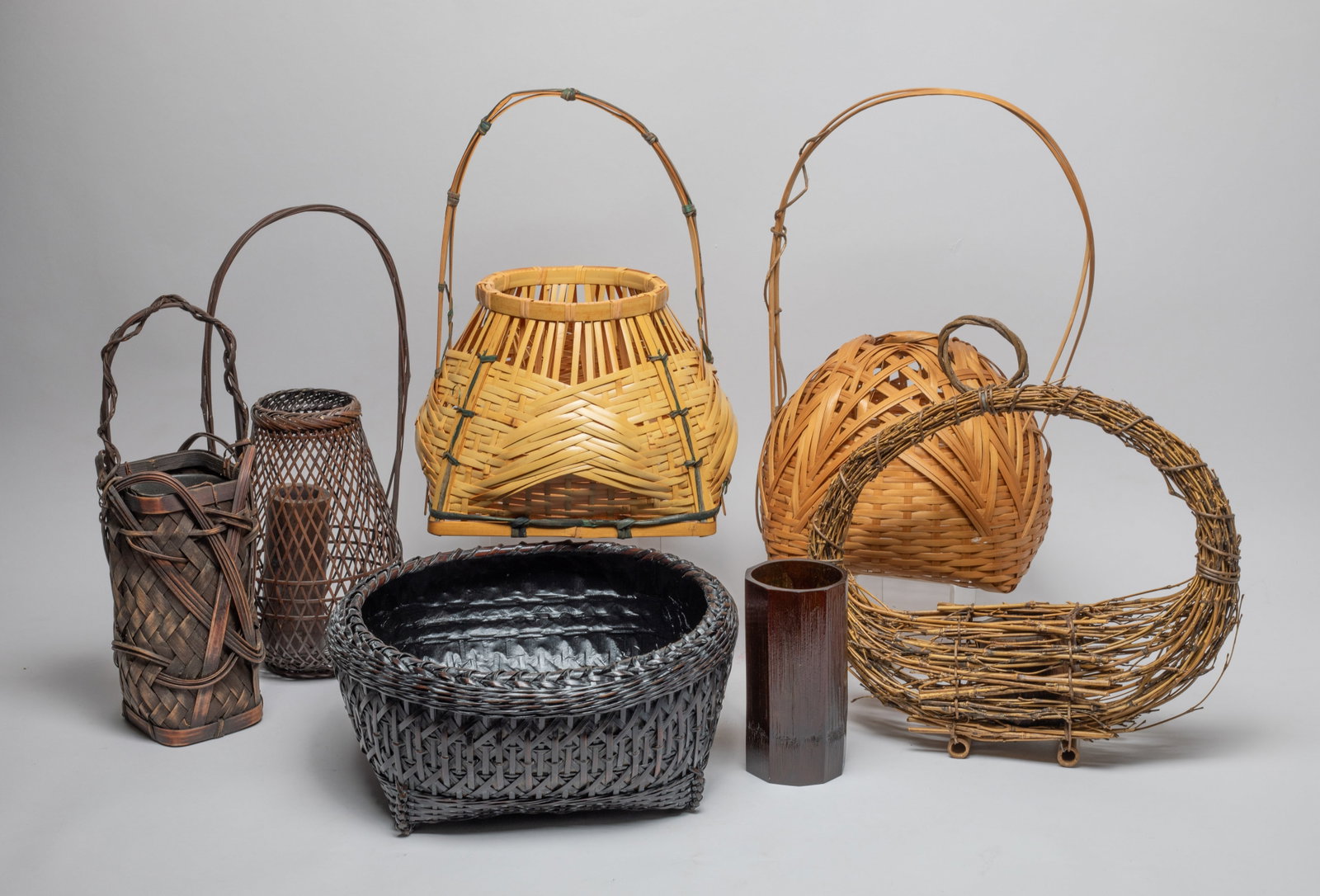 Large Set Asian Bamboo & Rattan Pieces: Set of 6 Asian bamboo and rattan made pieces. Size varies.