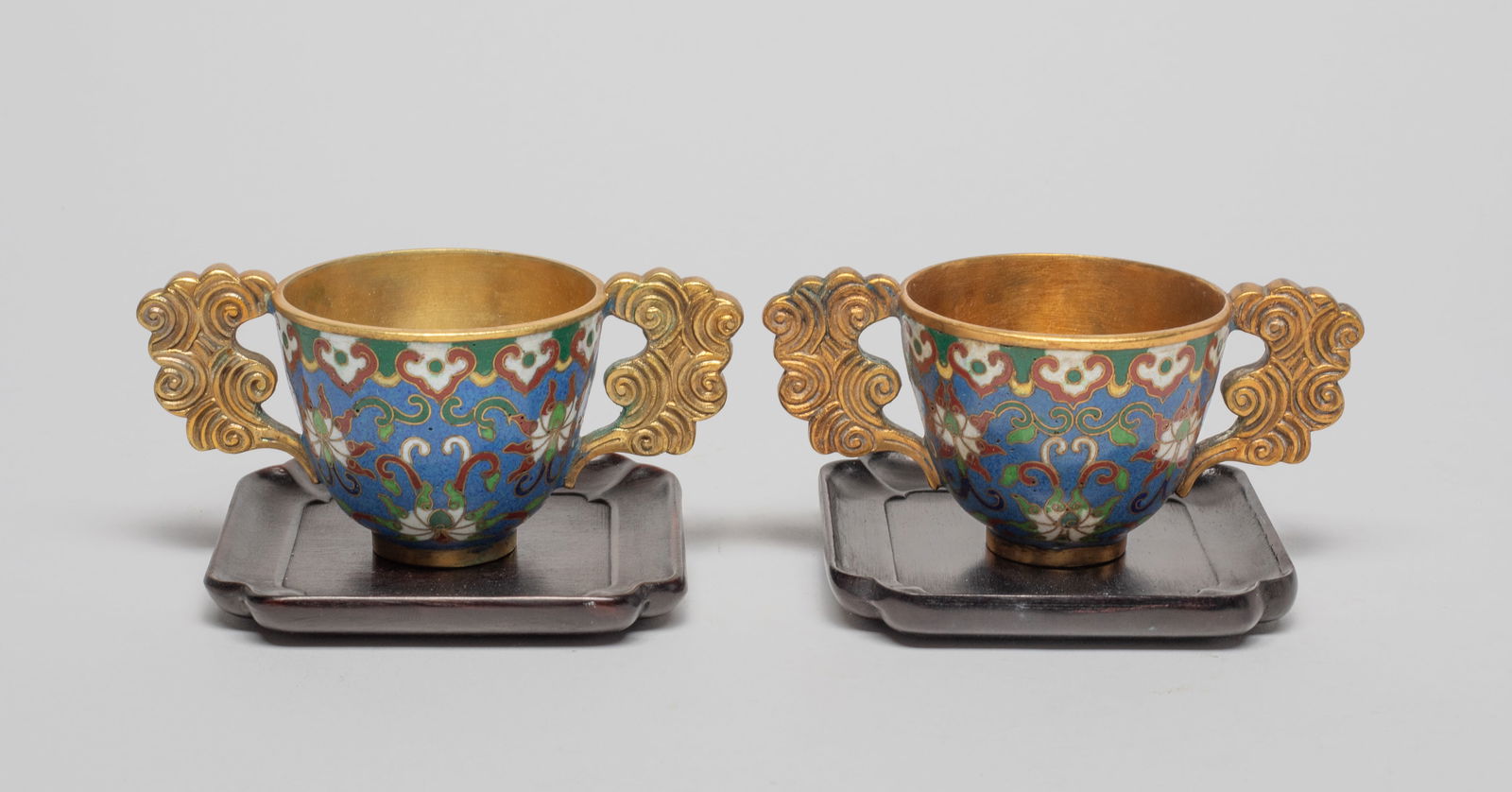 Chinese Cloisonne Tea Cups w/ Rosewood Dishes (1 of 10)