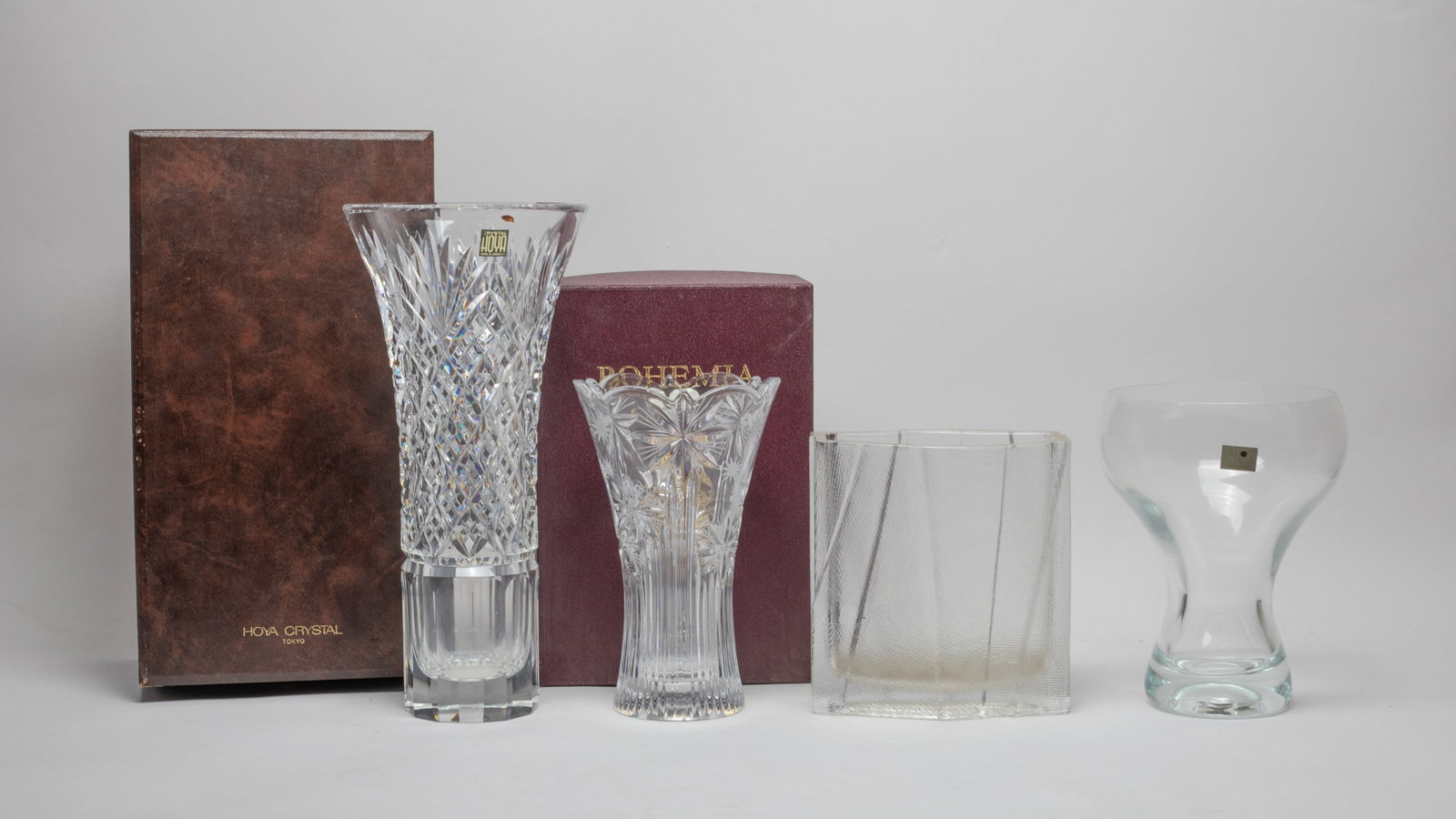 Collectible Vintage Crystal Glass Vases: Group of 4 vintage crystal glass vases, wherein 2 with boxes. Approx. 12*5.7 inch (largest vase).