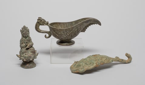 Chinese Bronze Buddha, Cup & Belt Buckle