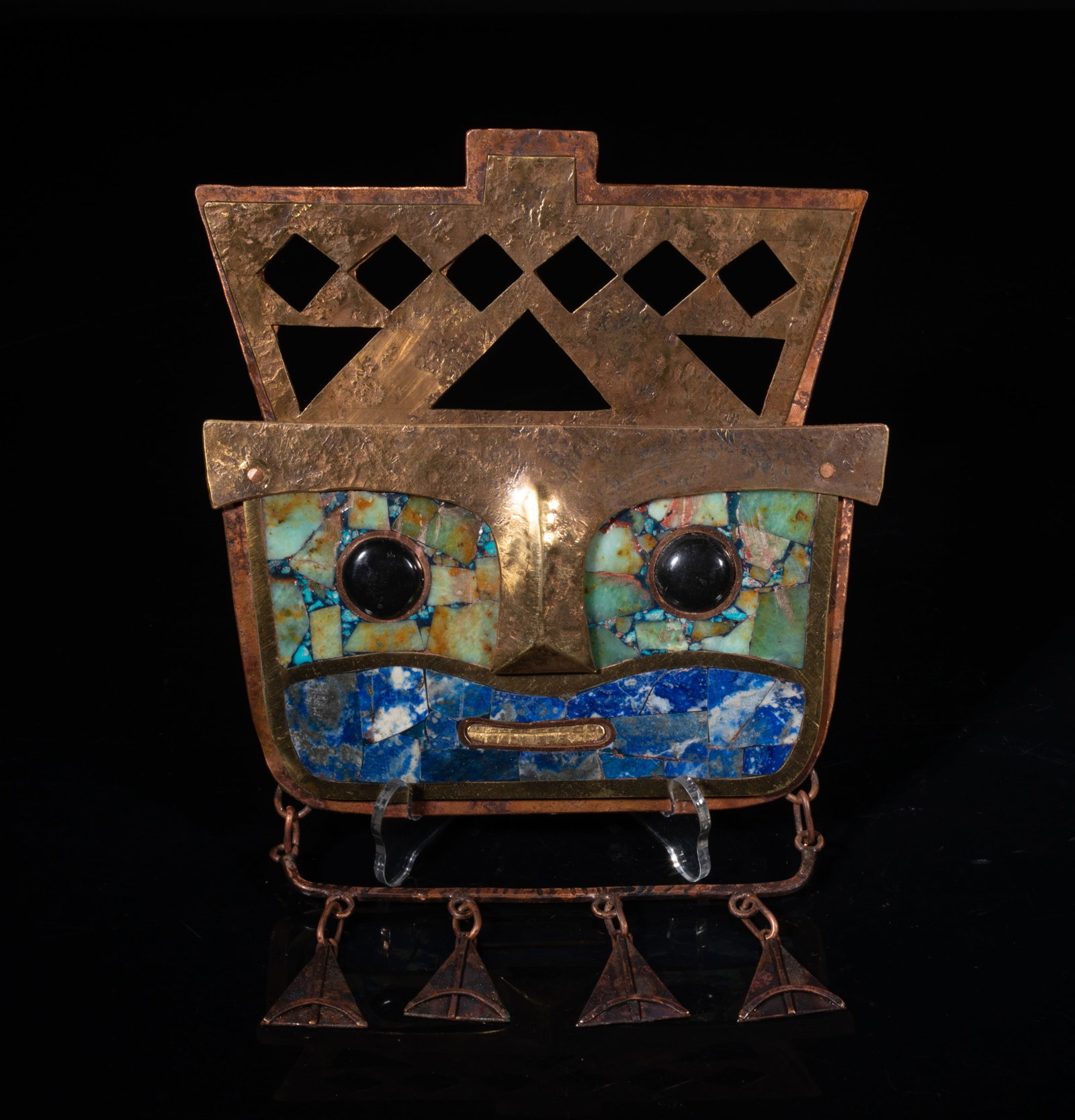 Brass, Lapis & Turquoise Maya Mask: Brass Maya mask inlaid with lapis, turquoise, and black gemstone. Approx. 7.7*5.8 inch.