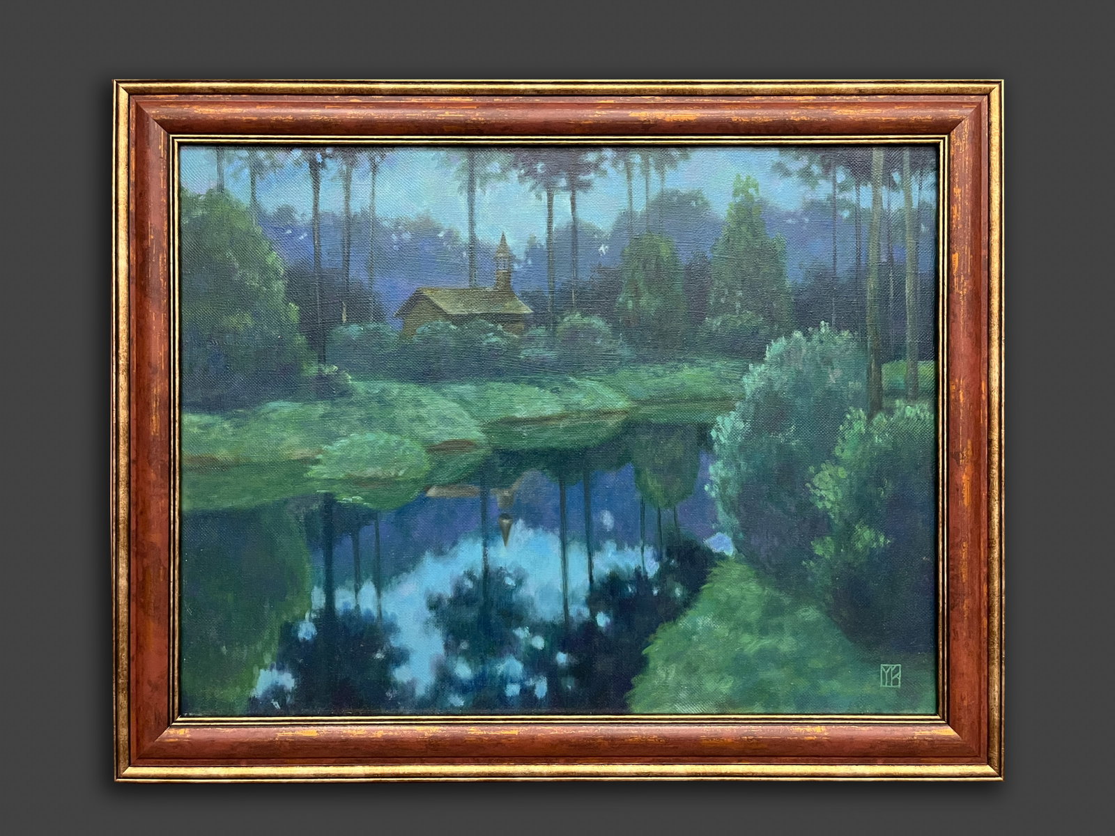 Monogram YR. Signed "Nocturnal Reflections": Chapel on the River at night, American impressionism. "Nocturnal Reflections" Signed with monogram YR. Oil on canvas, come with new frame. Approx. 23*28.75 inches with frame