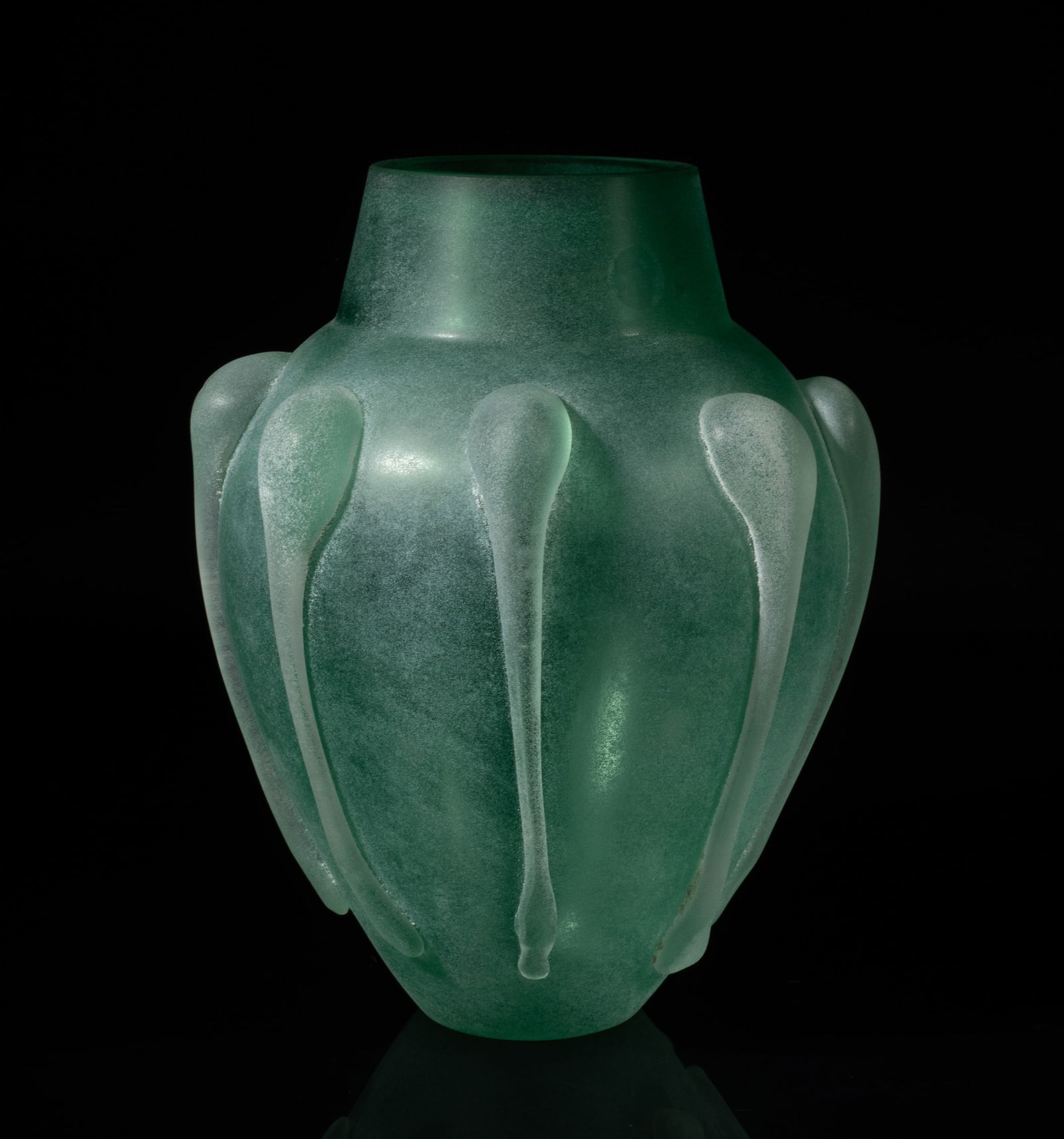 Collectible Studio Art Hand Made Glass Vase: House decor studio art hand made art green glass vase, the frosted exterior carved with raised design. Approx. 8.7*7 inch.