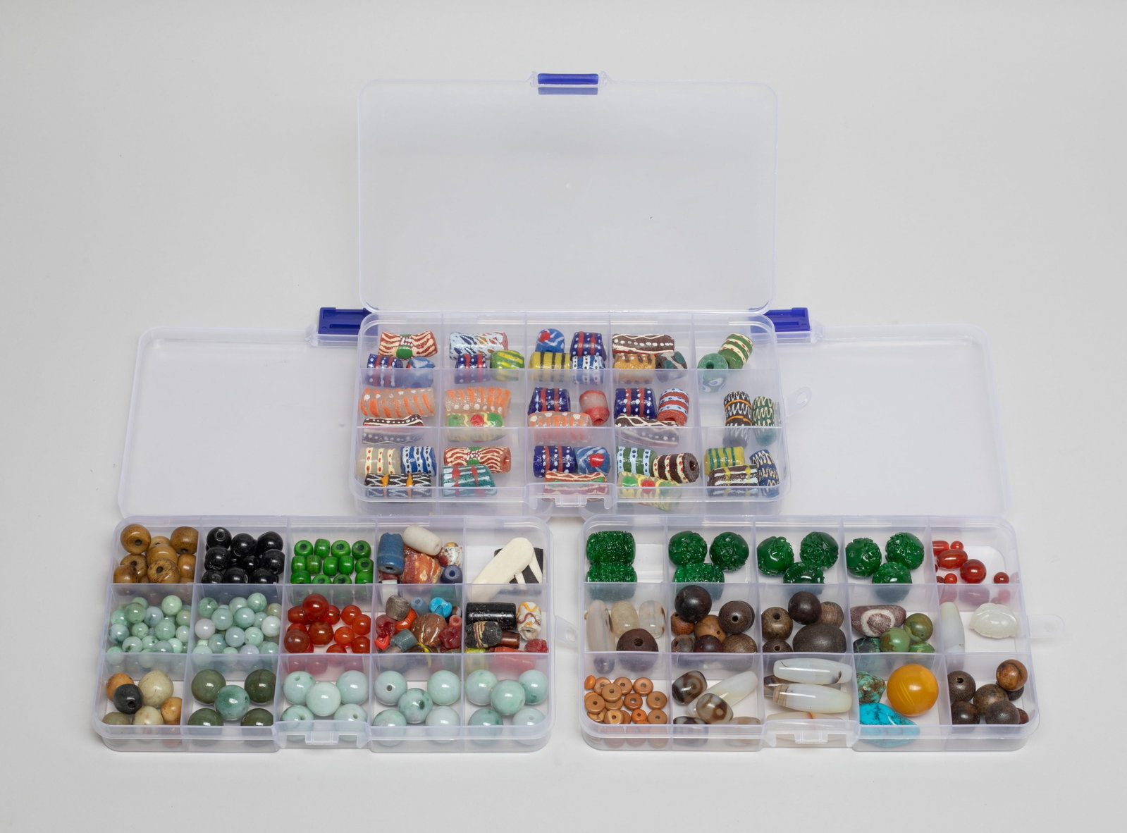 Asian, Chinese Vintage Beads Set: Large group of Asian & Chinese stone, glass and carved decor beads, with cases. Size varies.