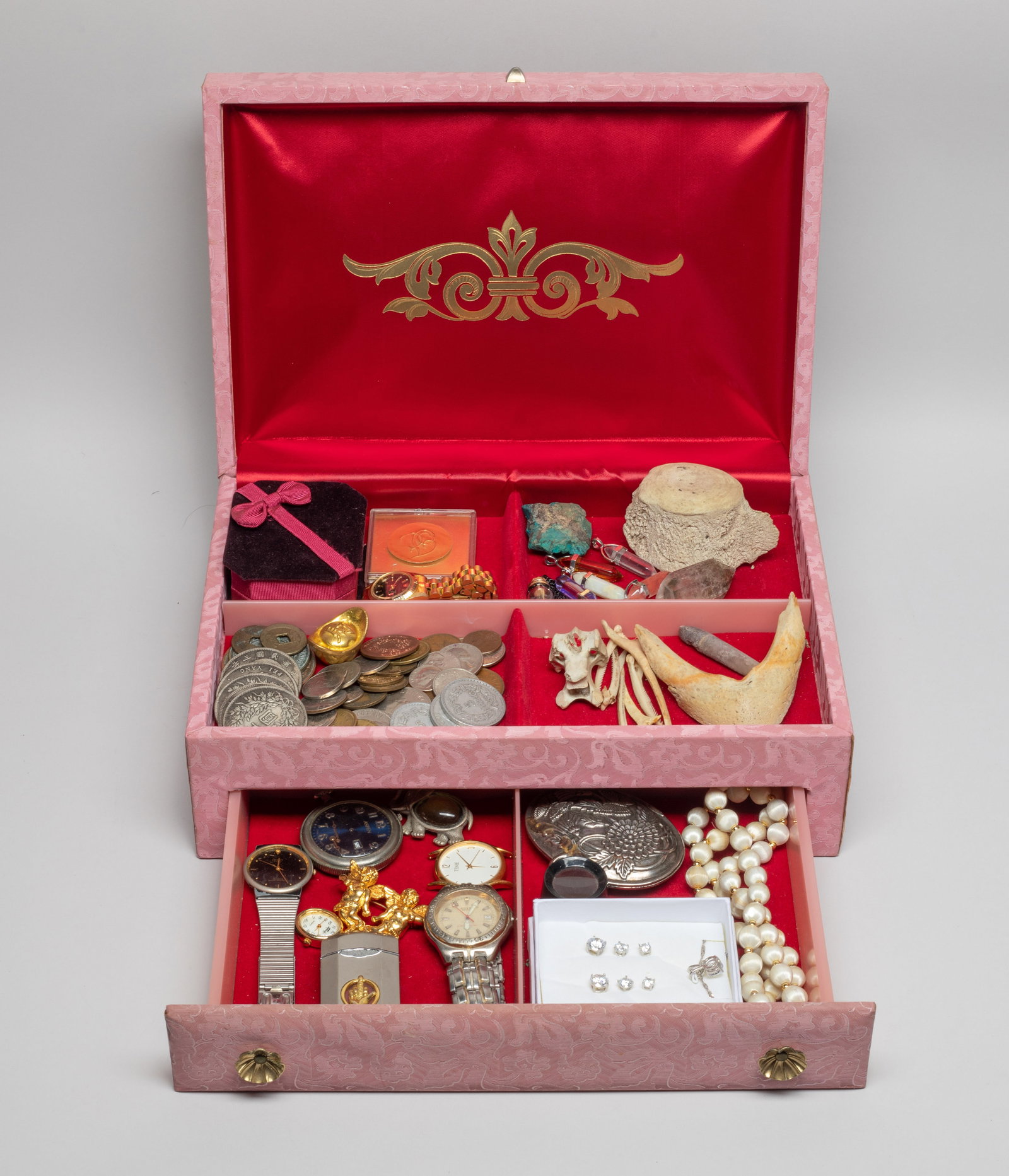 Large Box of Chinese, Continental Coins, Jewelry: Including watches, brooches, jewelry pieces, Chinese Fengshui coins, point pendants, and fossilized bone pieces, with jewelry box. Approx. 11.8*8.2*4 inch (box size).