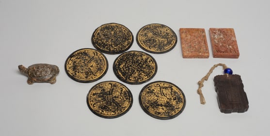 Chinese Lacquer, Wood Plaque & Stones