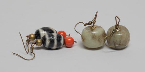 Two Pairs Chinese Jade, Dzi Beads Earrings
