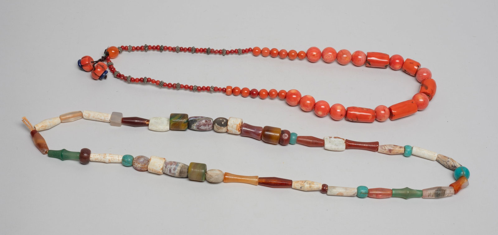 Chinese, Tibetan/ Nepal Beads Necklaces: Two Chinese / Tibetan / Nepal stone and decor bead necklaces. Approx. 30inch L (larger).