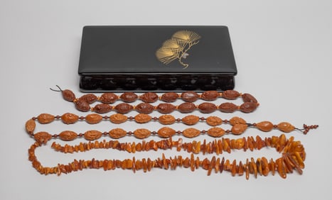 Chinese Export Carved Large Nuts, Amber Necklaces
