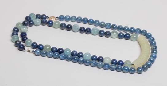 Chinese Jade, Aquamarine & Blue Stone Necklace
