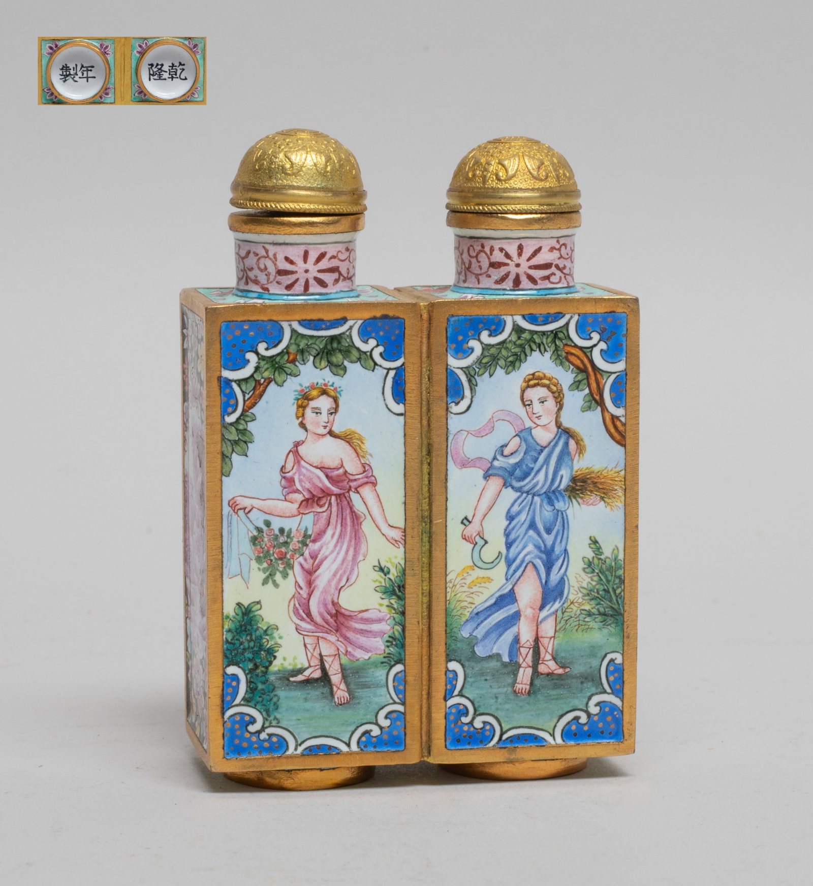Special Form Chinese Brass Snuff Bottle: Of special twin vase form with two stoppers, the sides painted with elegant females and countryside landscape scene, the bottom marked with four characters. Approx. 3*2*0.9 inch.