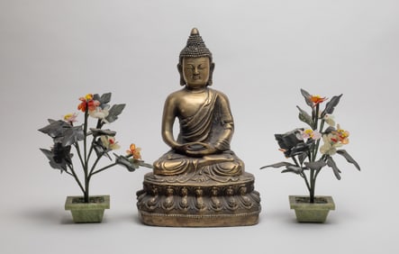 Chinese Bronze Buddha & Jade Stone Bonsai