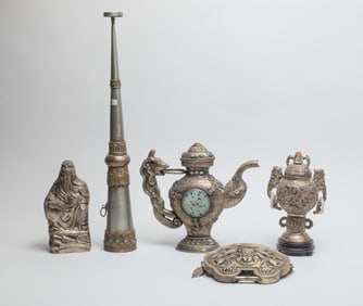 Chinese Silver Tone Pots & Sculptures Inlaid Stone
