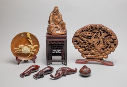 Large Set Chinese Wood & Bamboo Carvings
