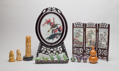 Chinese Embroidery, Table Screen, & Carvings