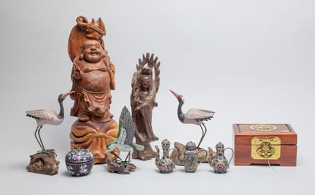Chinese Wood Sculptures, Birds & Cloisonne