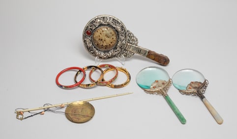 Estate Chinese Jade/ Stone Mirror, Bangles