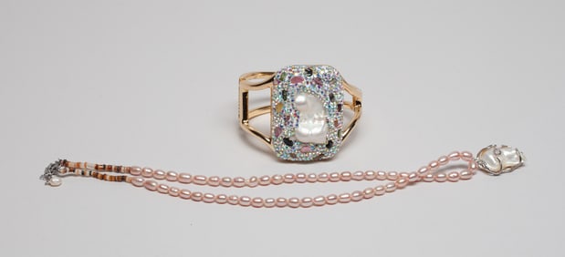 MOP, Tourmaline Bangle & Pearl Necklace