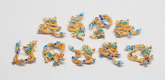 Set of Nine Chinese Gold on Silver Brooches