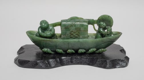 Chinese Spinach Jade Carved Sculpture of Boat