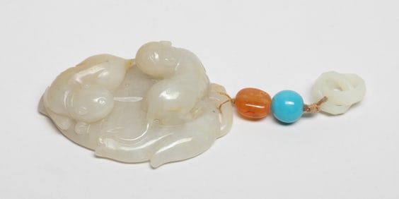 Chinese White Jade Carved Toggle of Huanhuan