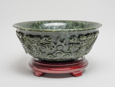 Large Repaired Chinese Spinach Jade Bowl