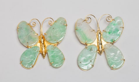 Chinese Jade Jadeite, Gold on Silver Brooches