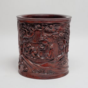 Chinese Hand Carved Large Wood Brush Pot