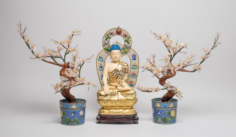 Chinese Cloisonne Jade Trees & Buddha