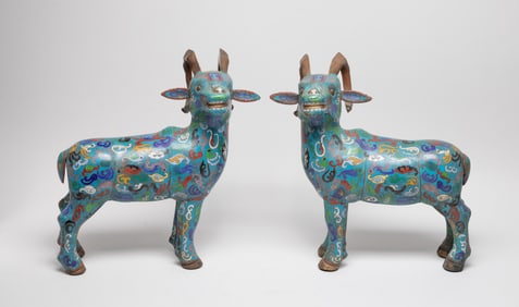 Two Chinese Cloisonne Sculptures of Ram